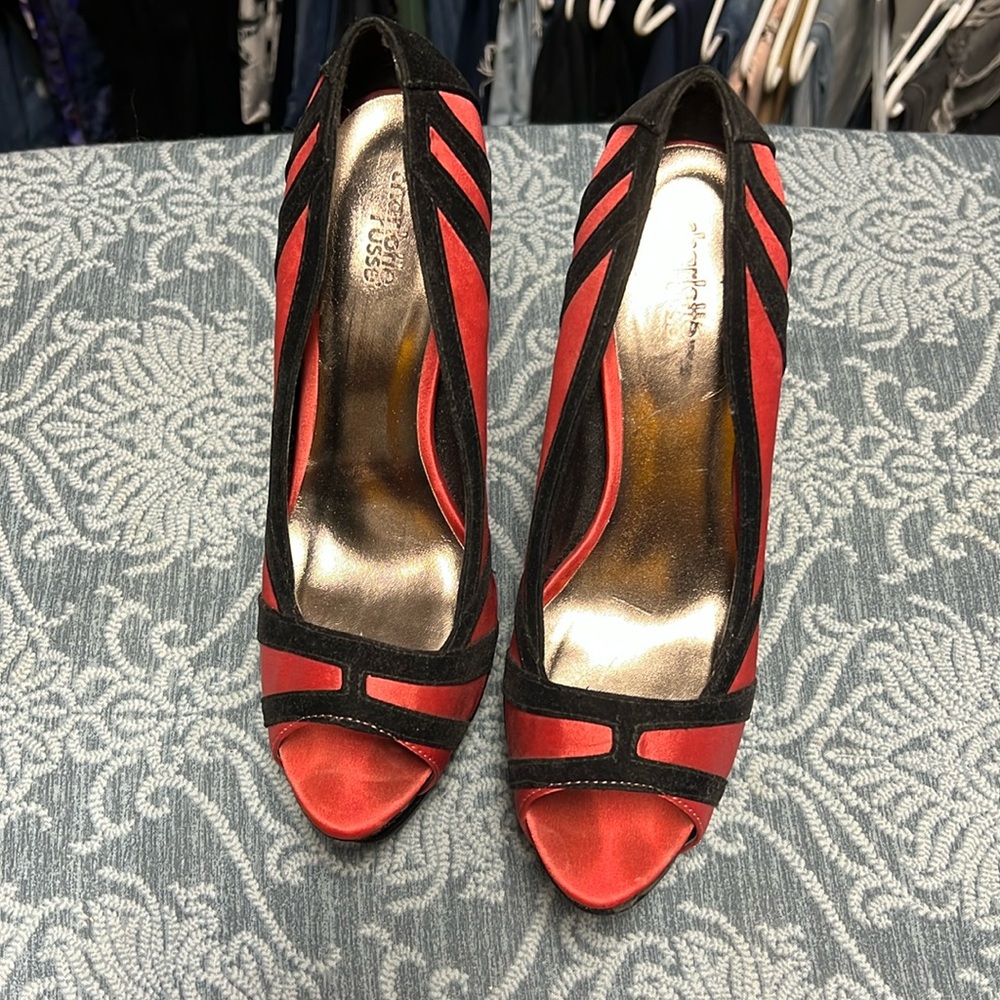 coral and black platform shoes